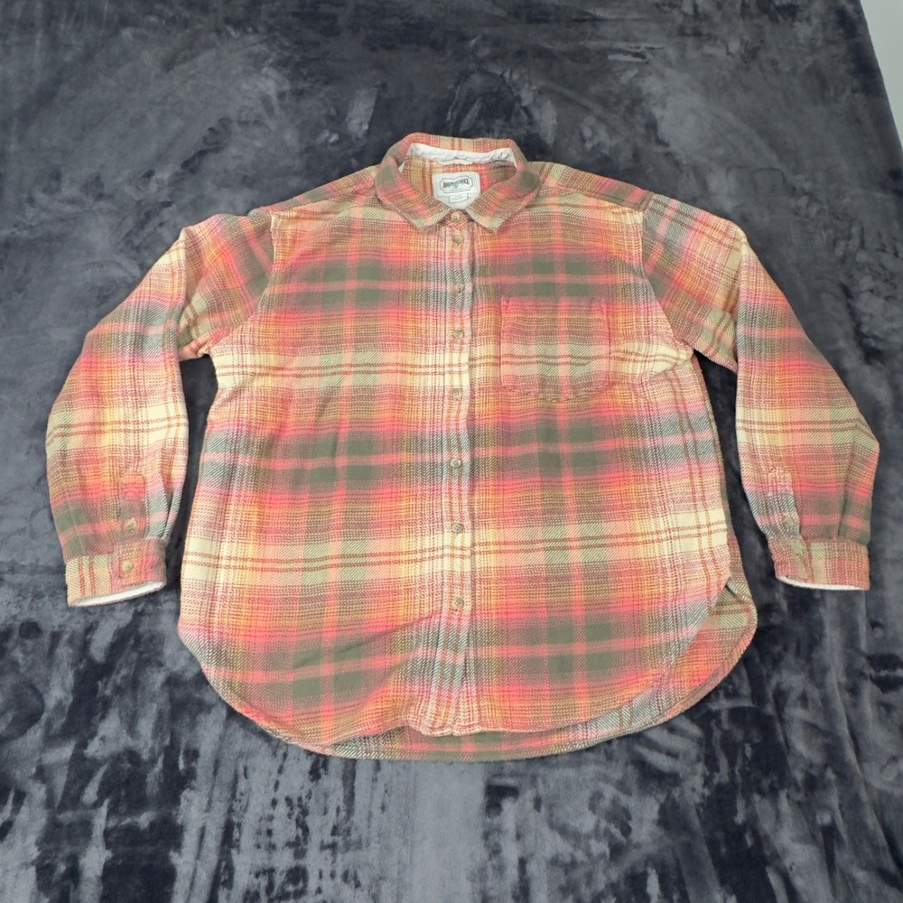 American Eagle Plaid Shirt Womens Small Pink Olive Green Flannel Button Down